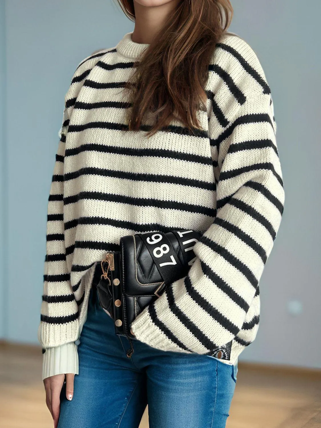 Striped Sweater Round Neck Long Sleeve Oversized Soft Knit Pullover