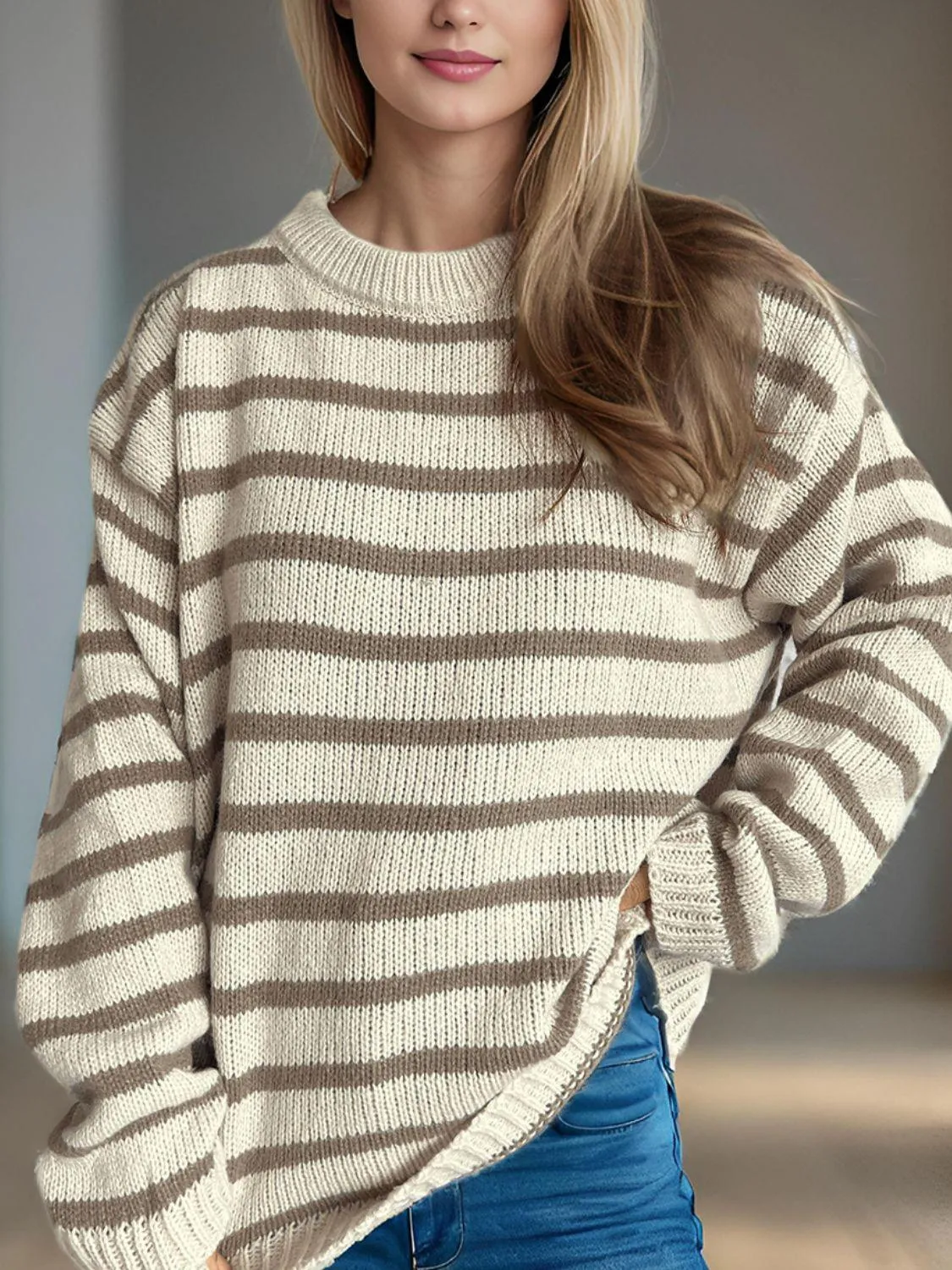 Striped Sweater Round Neck Long Sleeve Oversized Soft Knit Pullover