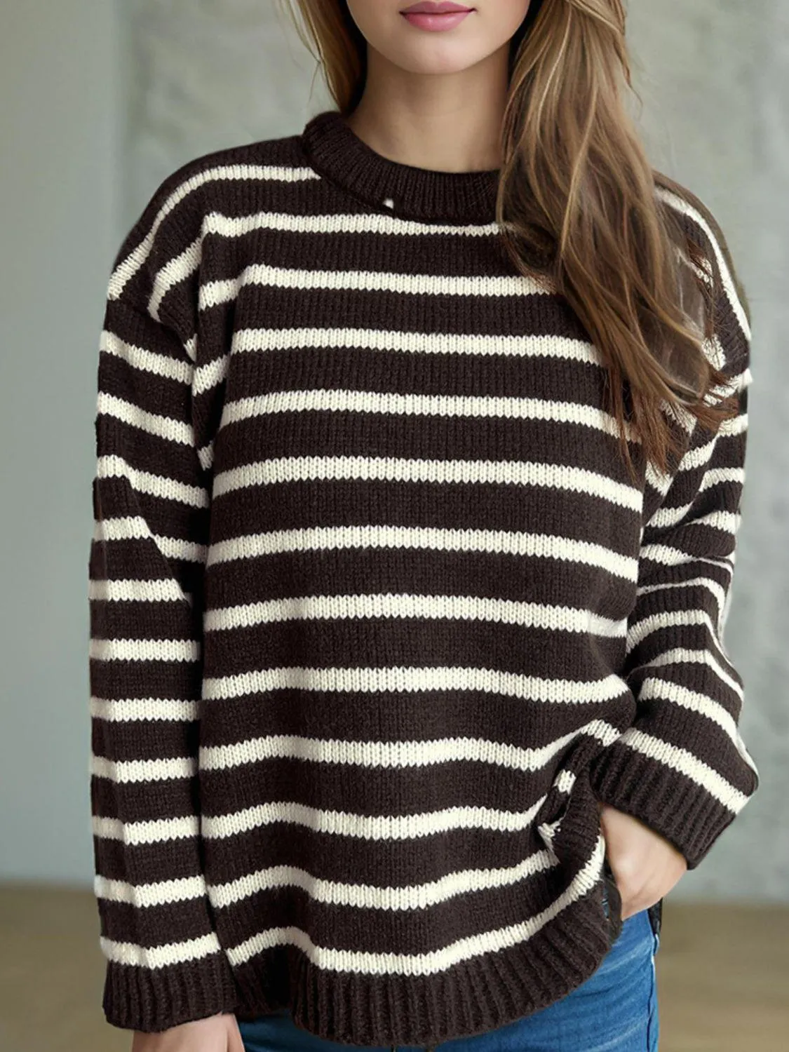 Striped Sweater Round Neck Long Sleeve Oversized Soft Knit Pullover