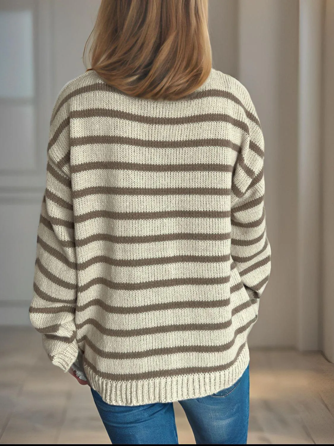 Striped Sweater Round Neck Long Sleeve Oversized Soft Knit Pullover