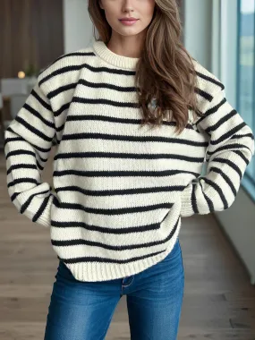 Striped Sweater Round Neck Long Sleeve Oversized Soft Knit Pullover
