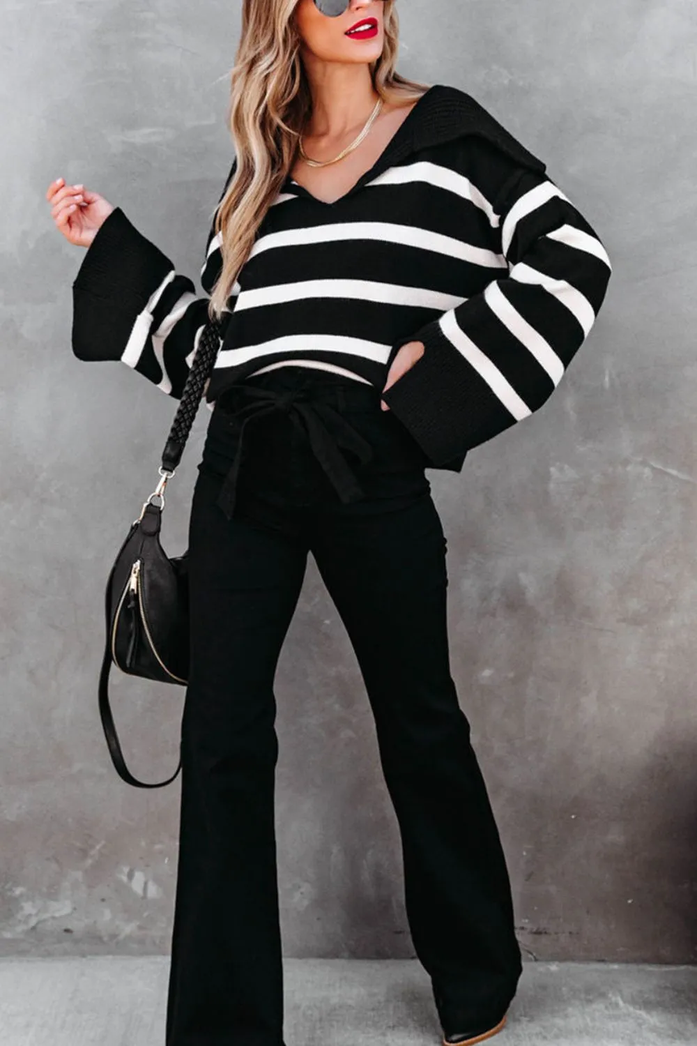 Striped Women Sweater V Neck Oversized Johnny Collar Long Sleeve Pullover