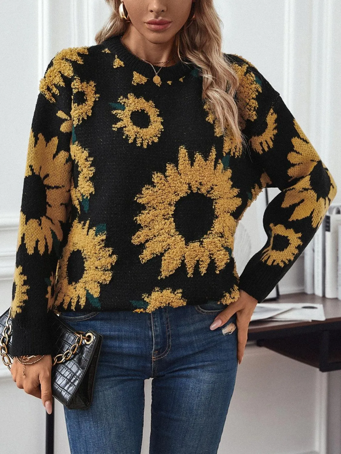 Sunflower Sweater Round Neck Long Sleeve Pullover