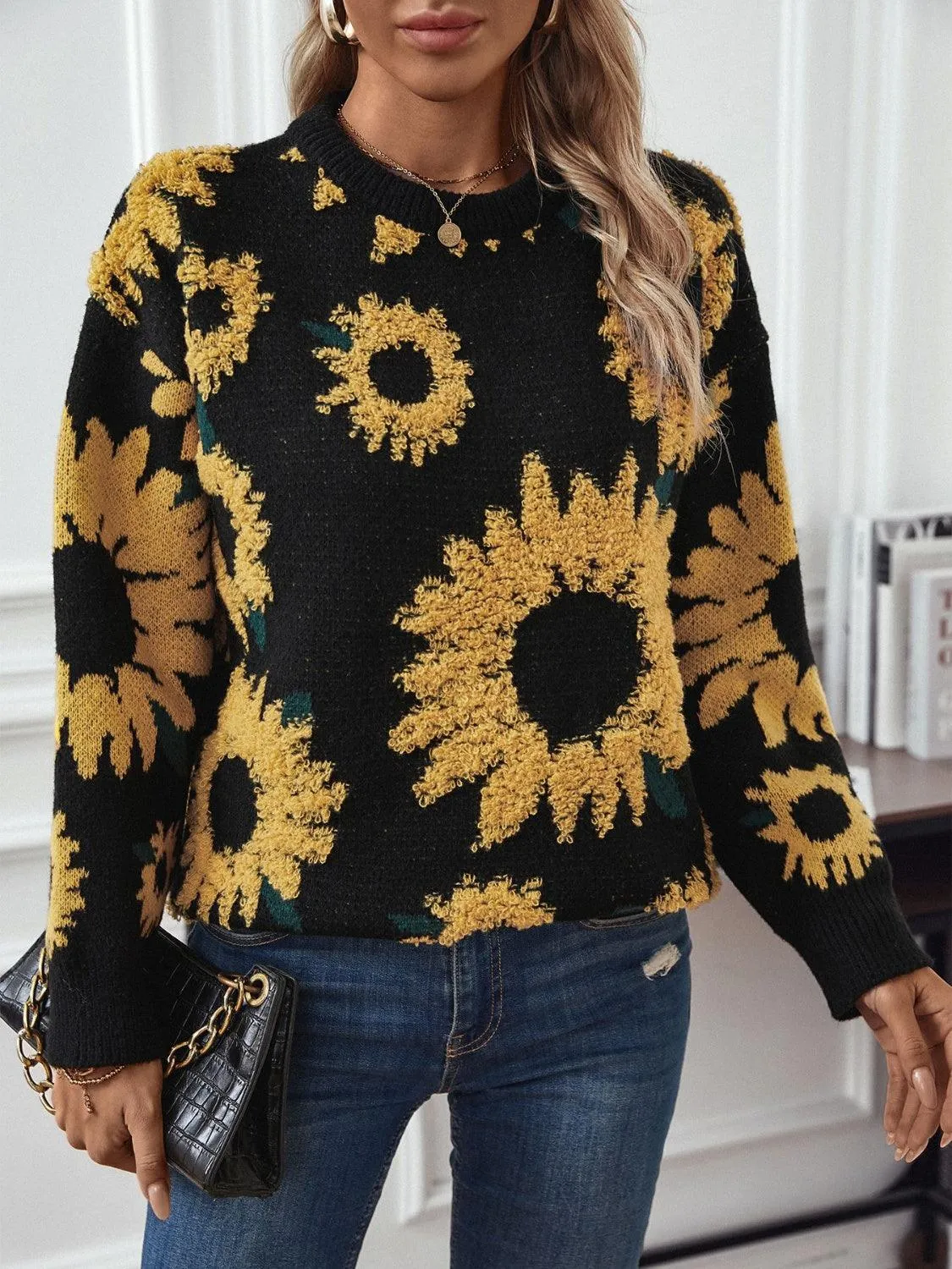 Sunflower Sweater Round Neck Long Sleeve Pullover