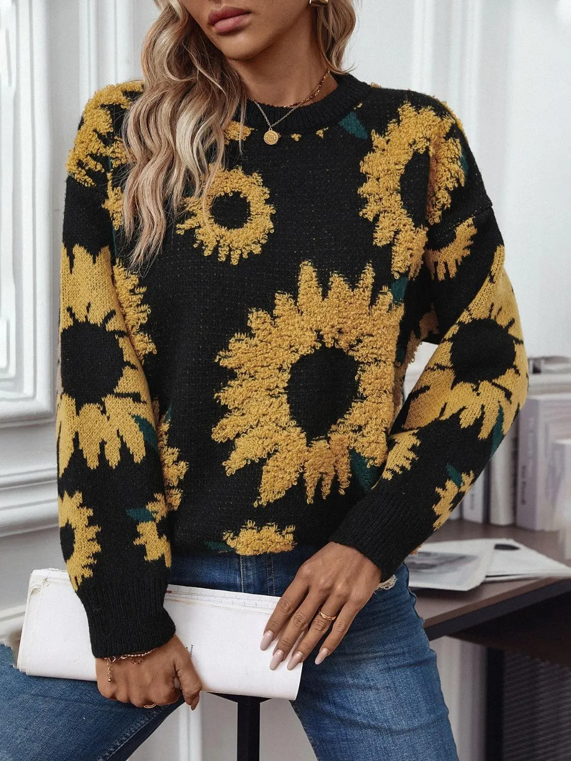 Sunflower Sweater Round Neck Long Sleeve Pullover