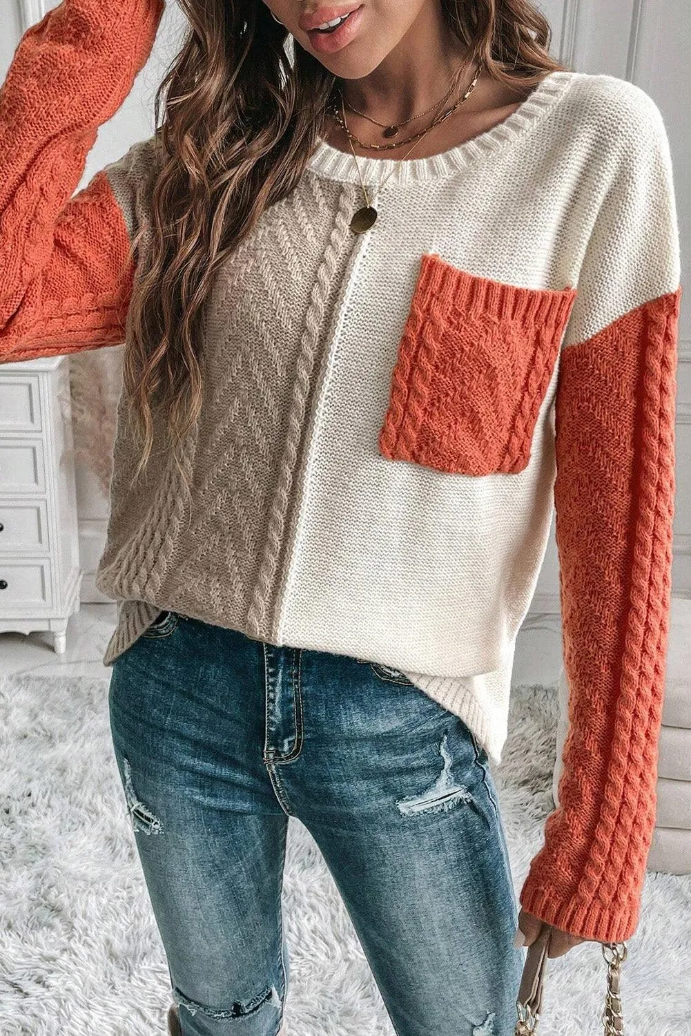 Sweater Color Block Round Neck Long Sleeve Knit pullover