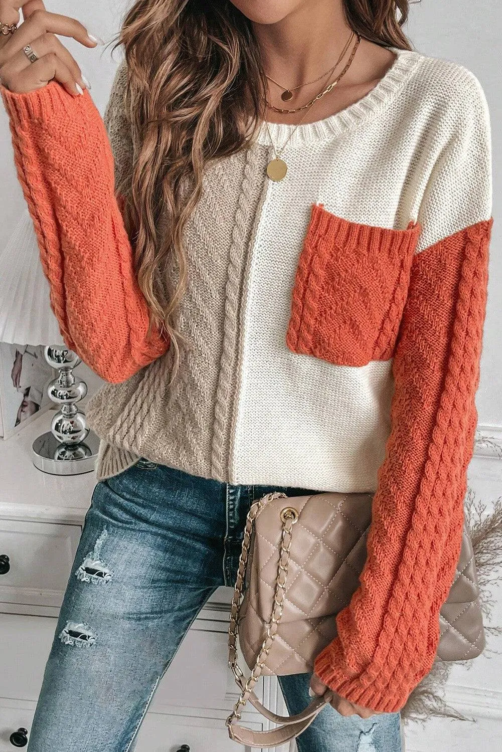 Sweater Color Block Round Neck Long Sleeve Knit pullover
