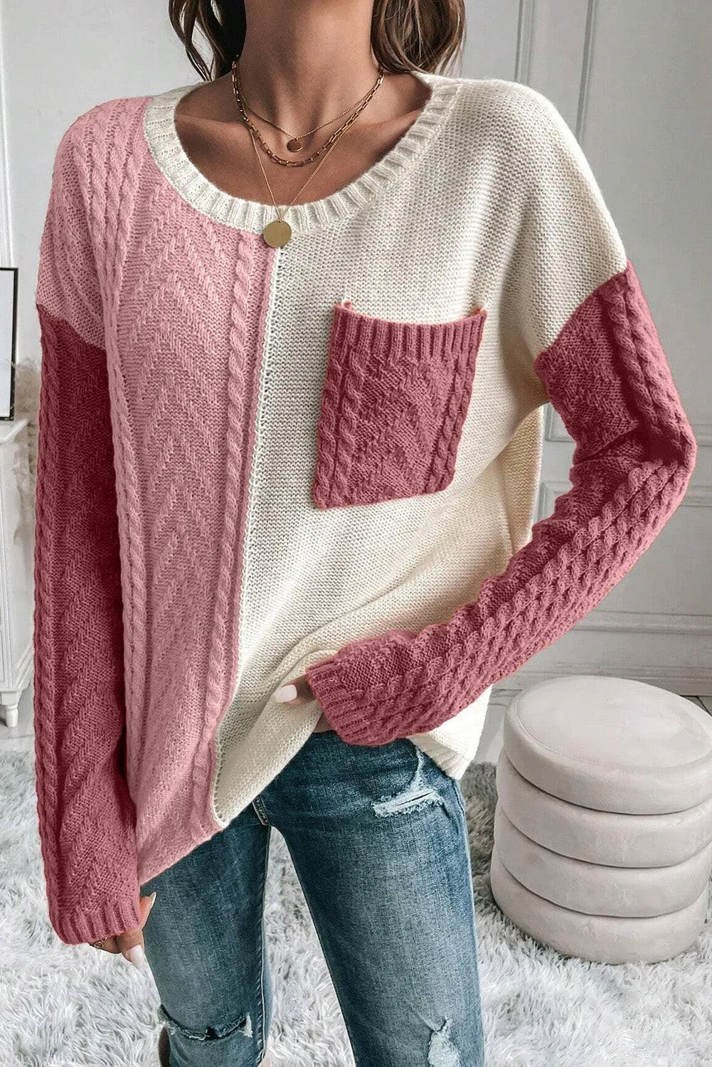 Sweater Color Block Round Neck Long Sleeve Knit pullover