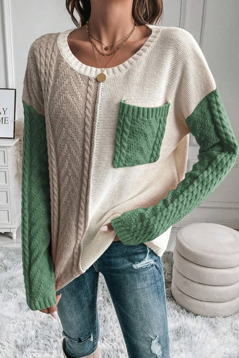 Sweater Color Block Round Neck Long Sleeve Knit pullover