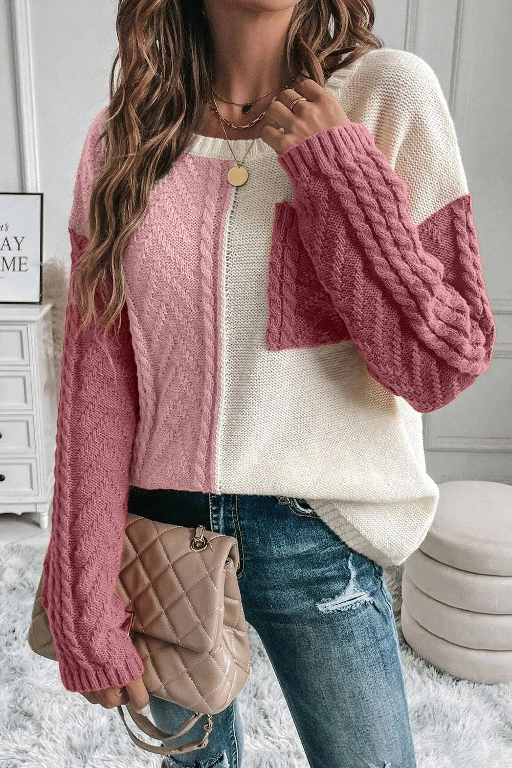 Sweater Color Block Round Neck Long Sleeve Knit pullover