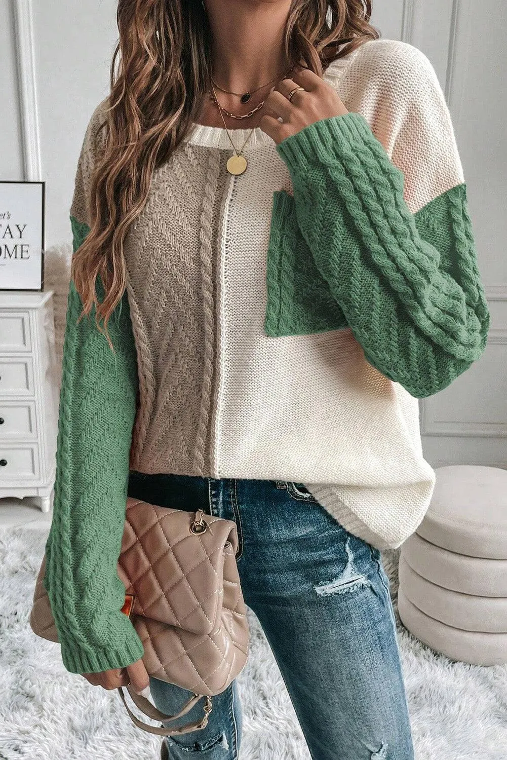 Sweater Color Block Round Neck Long Sleeve Knit pullover