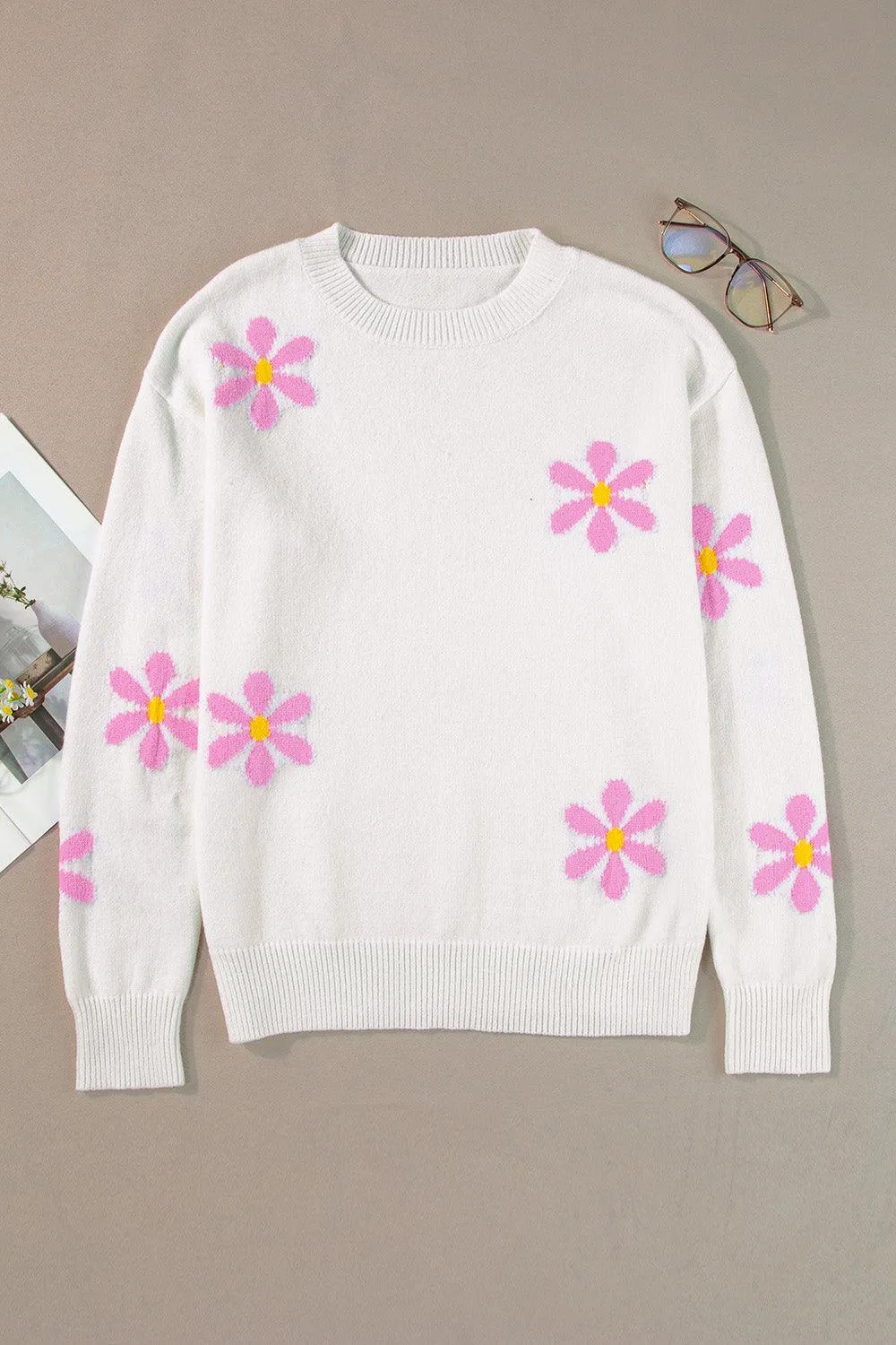 Sweater Flower Round Neck Long Sleeve Knit Pullover
