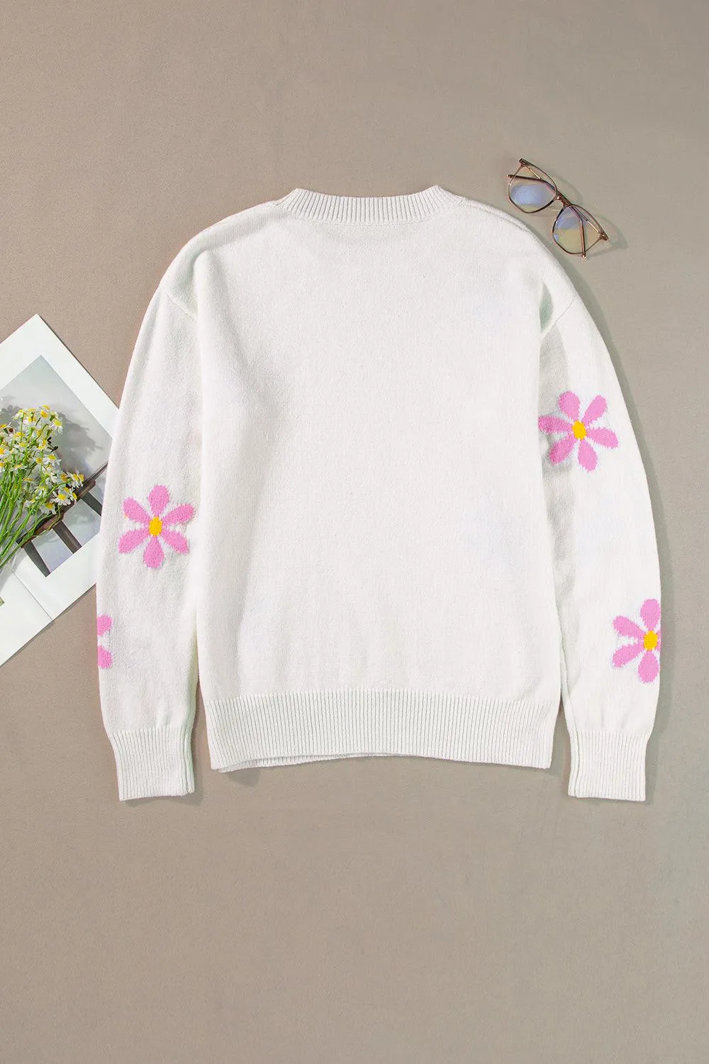 Sweater Flower Round Neck Long Sleeve Knit Pullover
