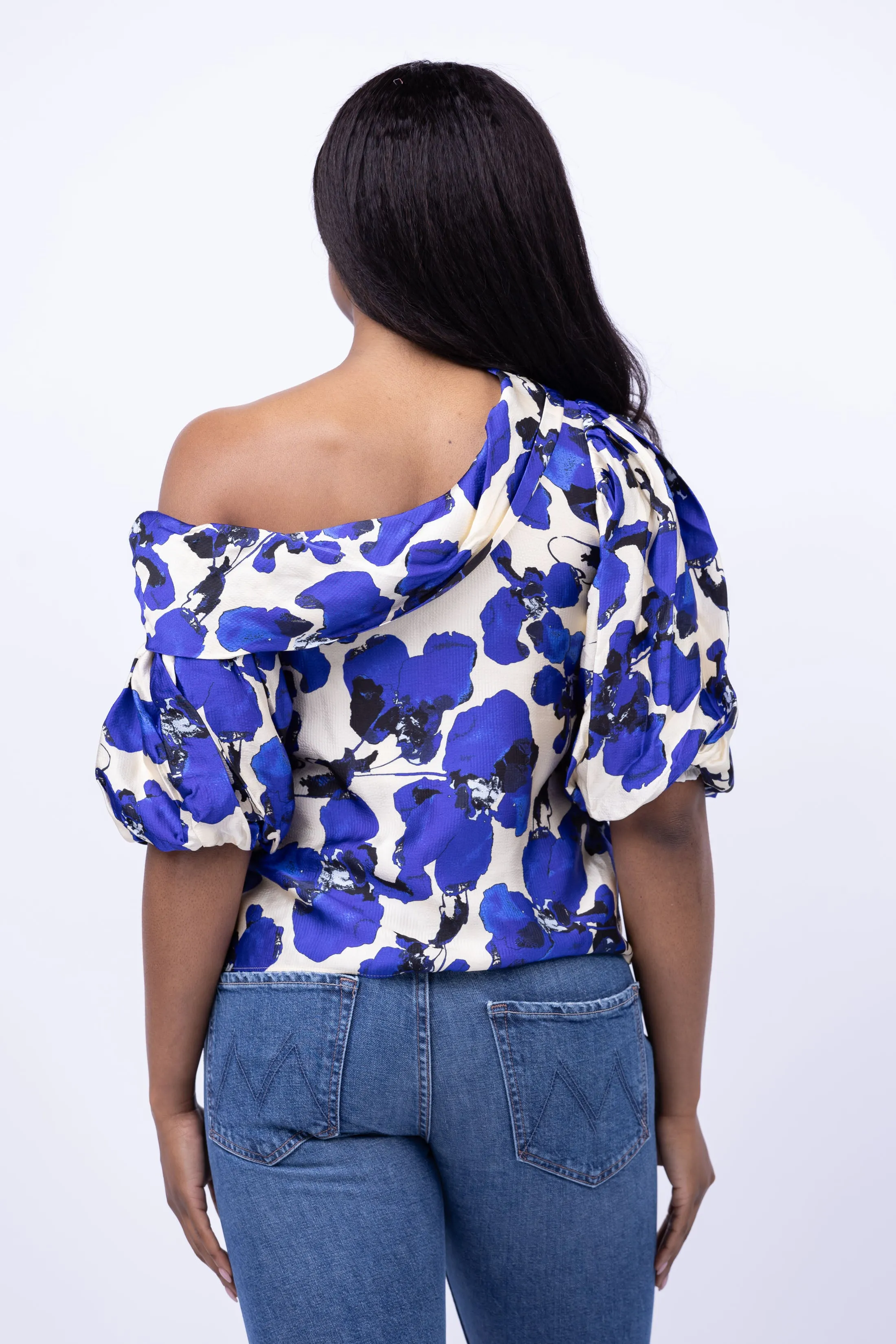 Tanya Taylor Georgia Asymmetric Puff-Sleeve Top in Cream Multi