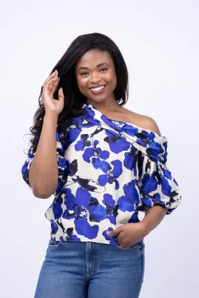 Tanya Taylor Georgia Asymmetric Puff-Sleeve Top in Cream Multi