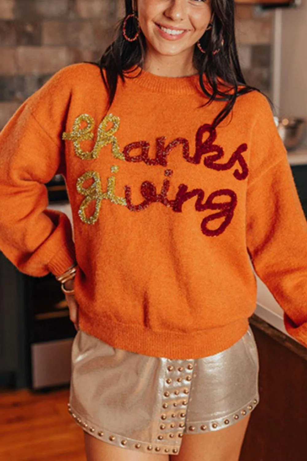 THANKSGIVING Women Sweater Round Neck Long Sleeve Orange Pullover