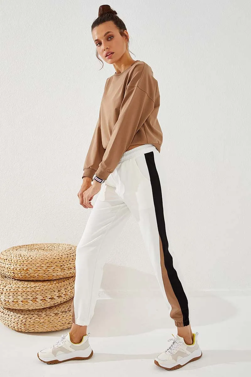 TMY Ecru Two Color Striped Comfortable Fit Elastic Cuff Women's Sweatpants - 94582 - Azzano
