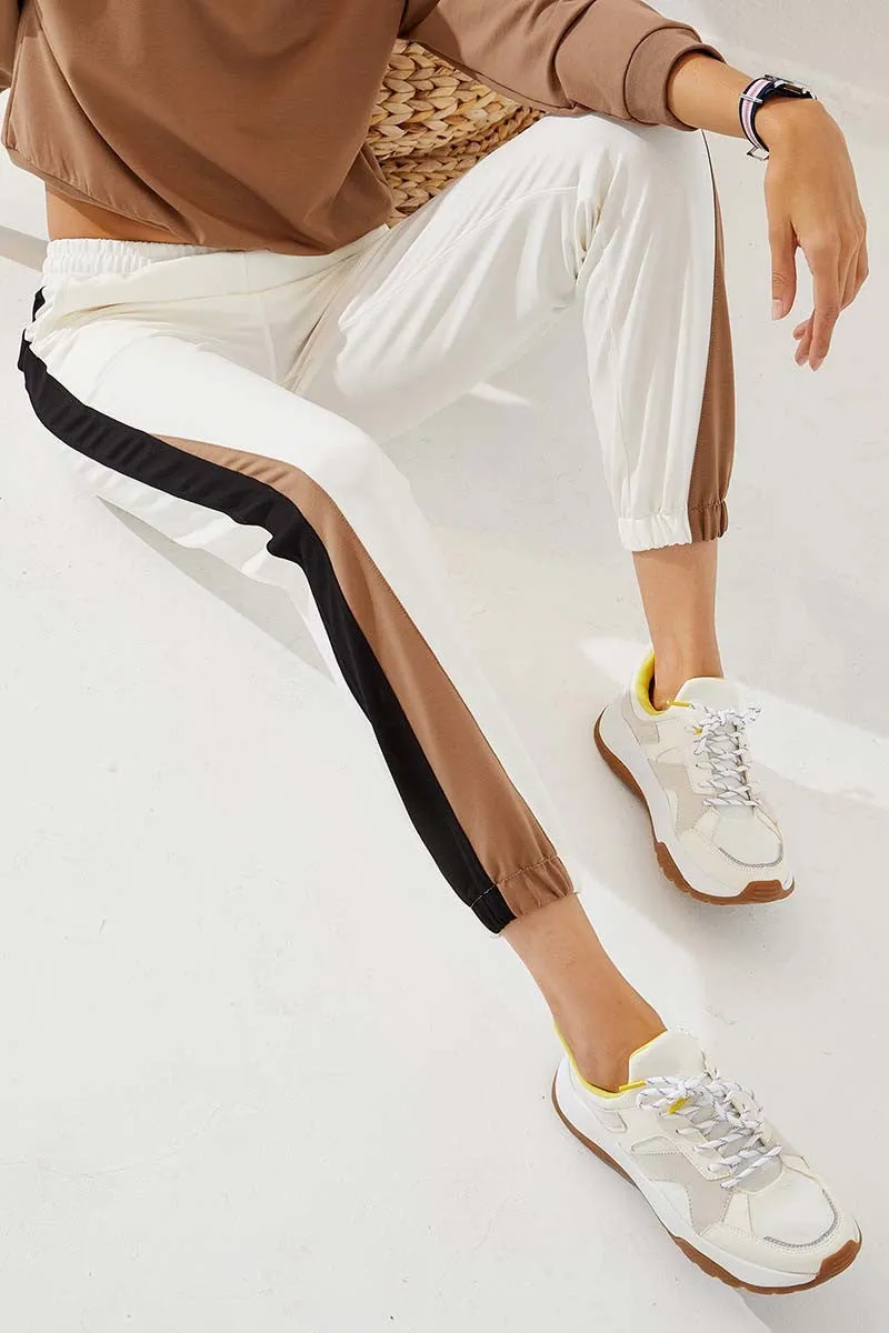 TMY Ecru Two Color Striped Comfortable Fit Elastic Cuff Women's Sweatpants - 94582 - Azzano