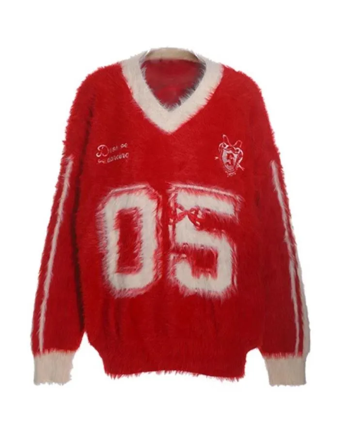 Trendy Sporty Mohair sweater V neck long sleeve oversize pull over sweater ashore shop