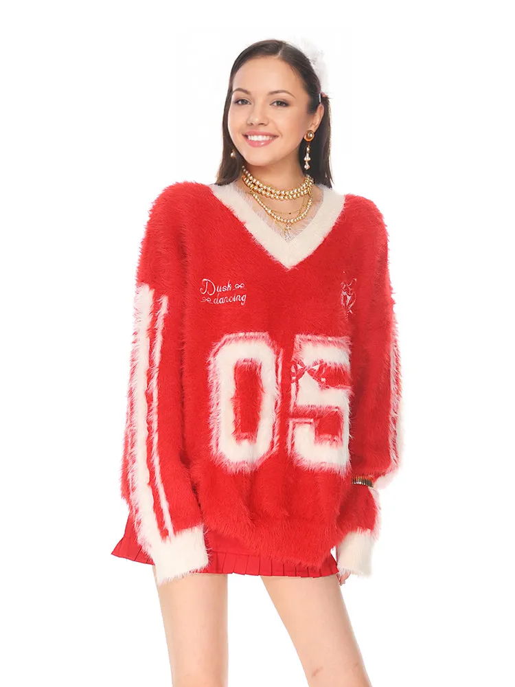 Trendy Sporty Mohair sweater V neck long sleeve oversize pull over sweater ashore shop