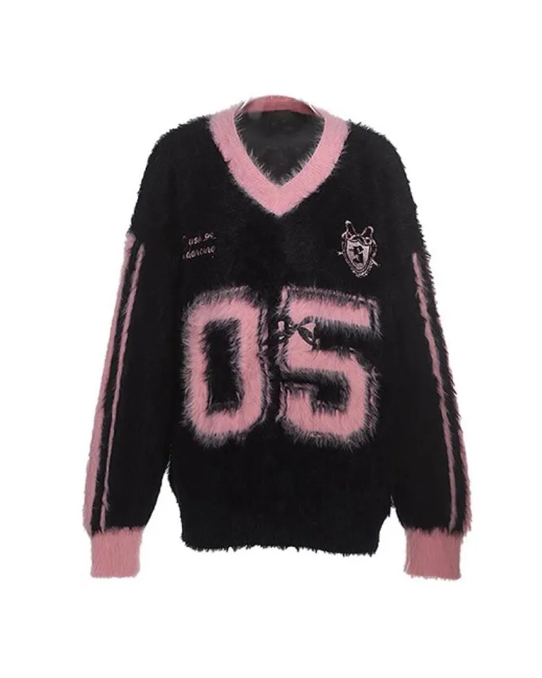 Trendy Sporty Mohair sweater V neck long sleeve oversize pull over sweater ashore shop