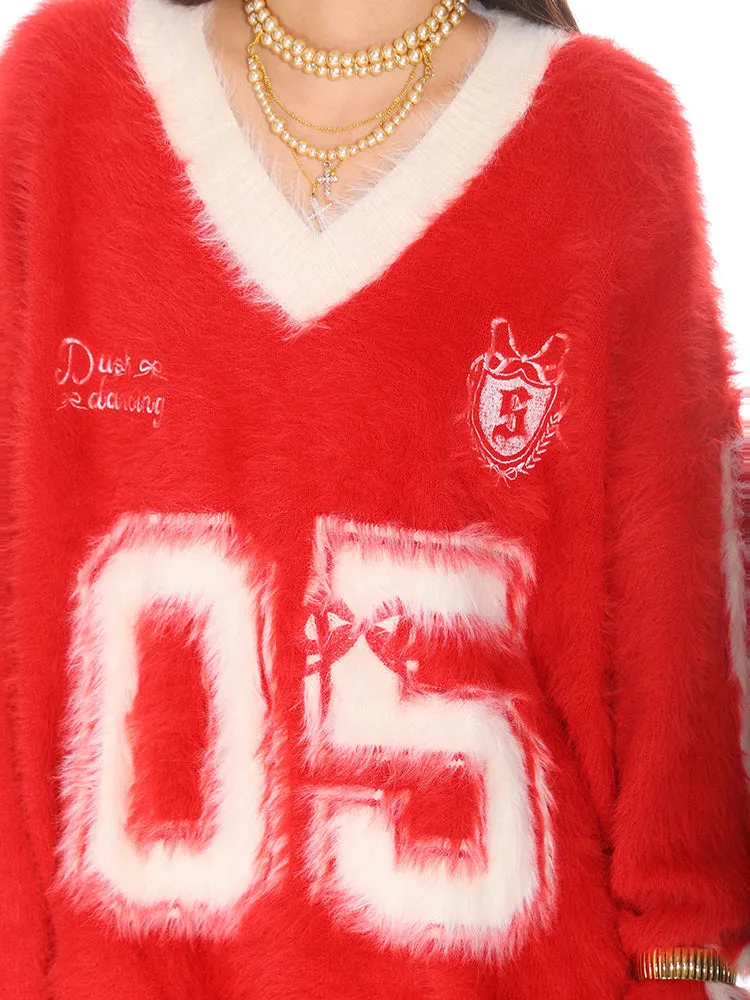 Trendy Sporty Mohair sweater V neck long sleeve oversize pull over sweater ashore shop