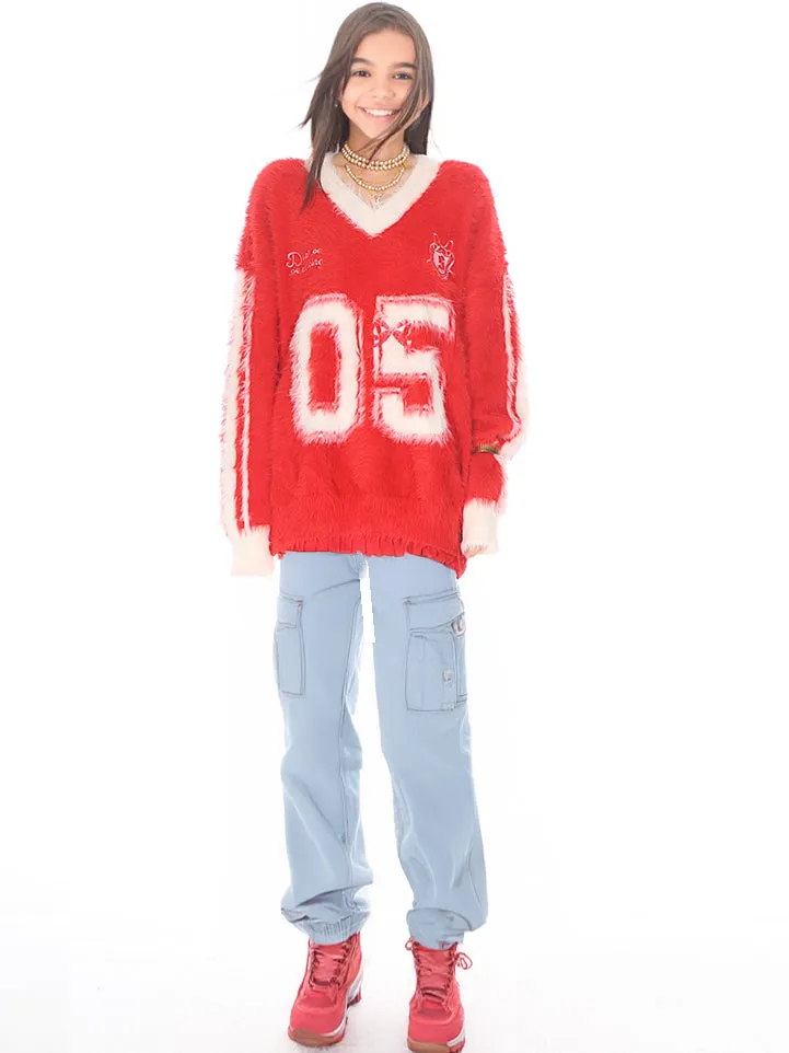 Trendy Sporty Mohair sweater V neck long sleeve oversize pull over sweater ashore shop