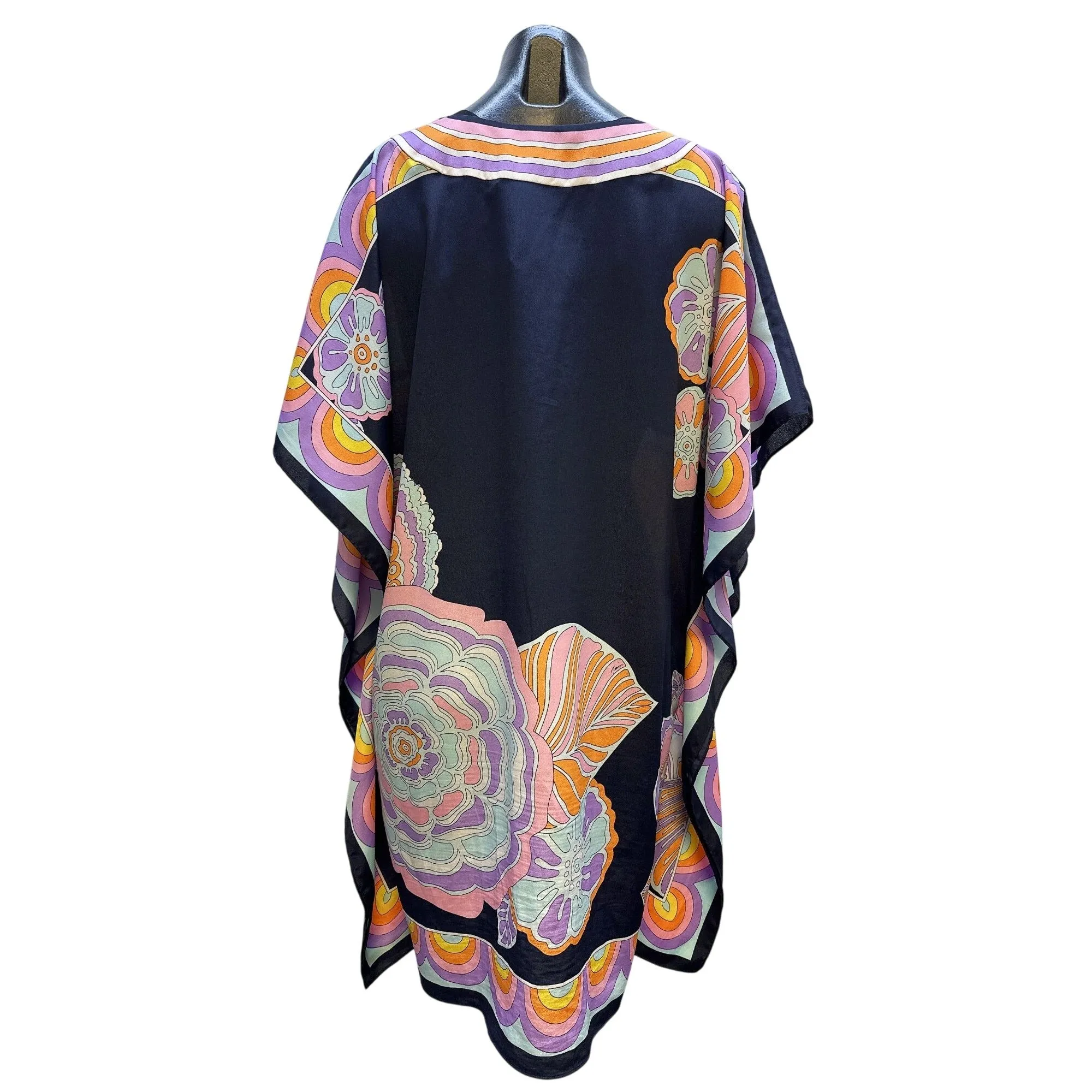 Trina Turk Vintage Floral Print Kaftan Tunic Dress Geometric Border Design OS