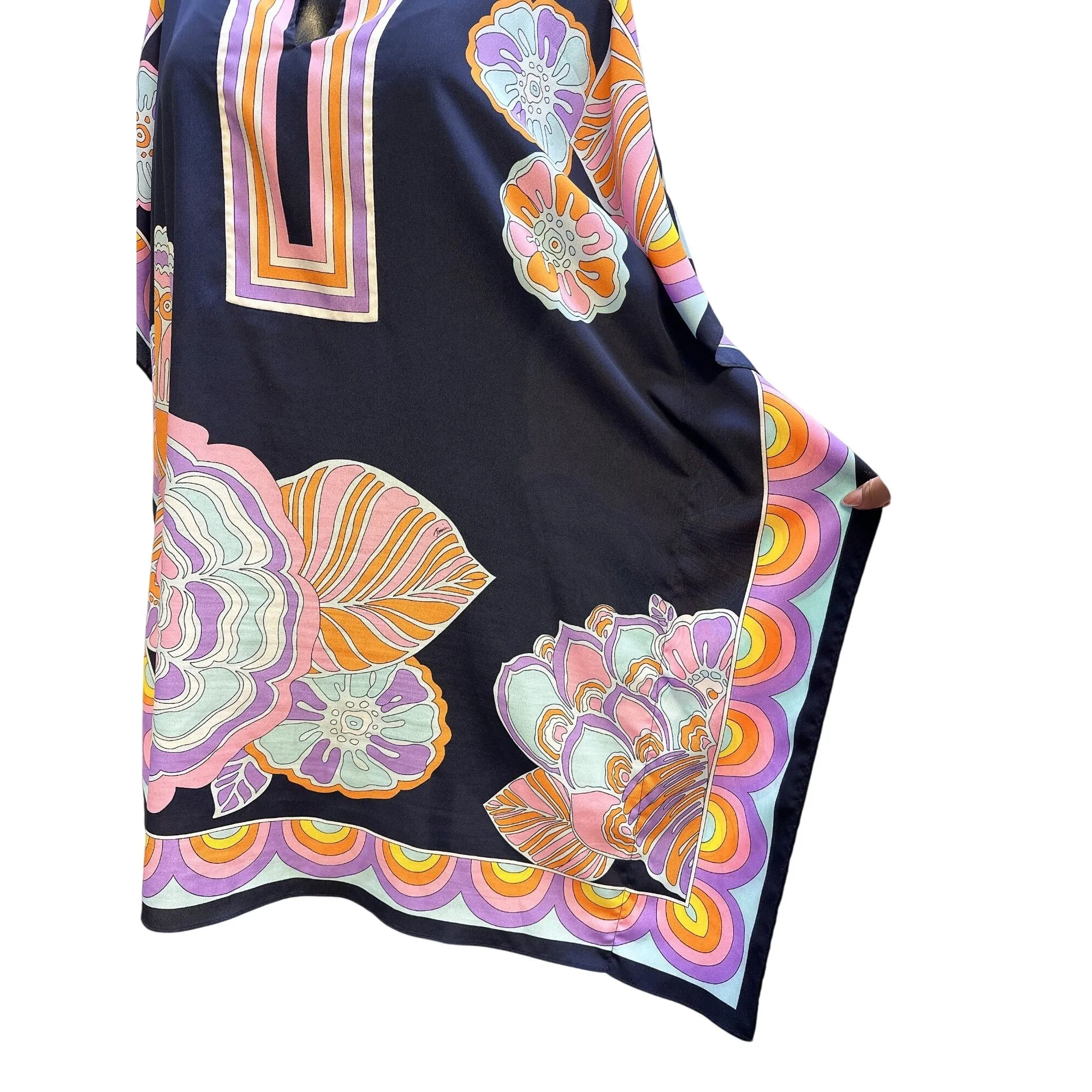 Trina Turk Vintage Floral Print Kaftan Tunic Dress Geometric Border Design OS