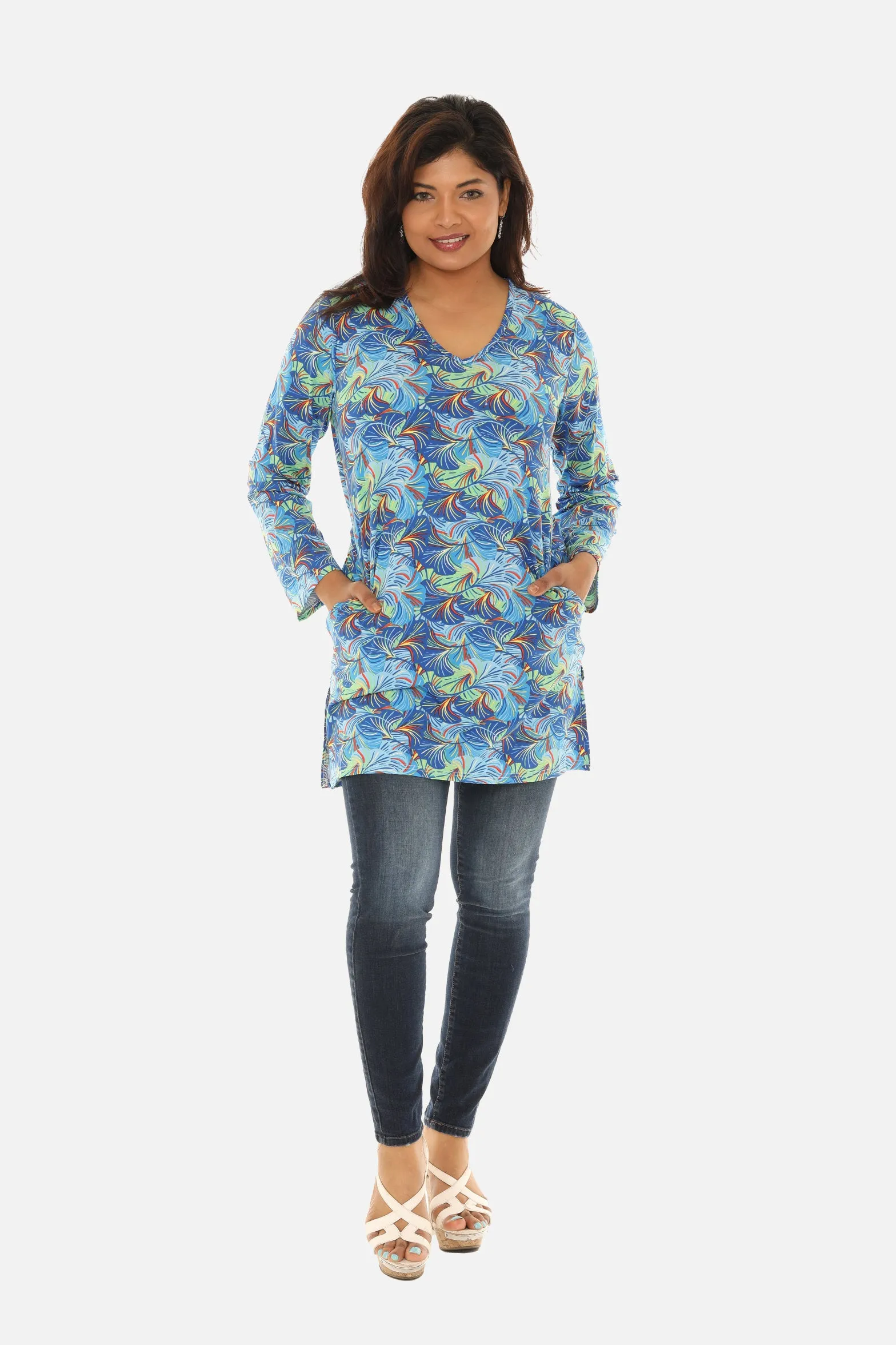 UPF 50  Printed Women Long Tunic with Both Side Pockets