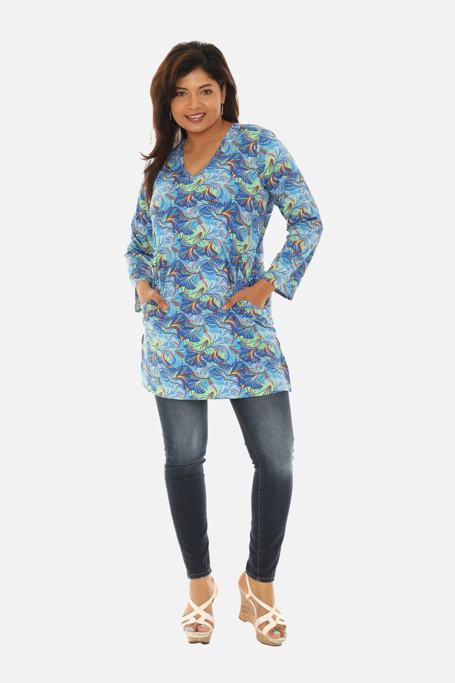 UPF 50  Printed Women Long Tunic with Both Side Pockets
