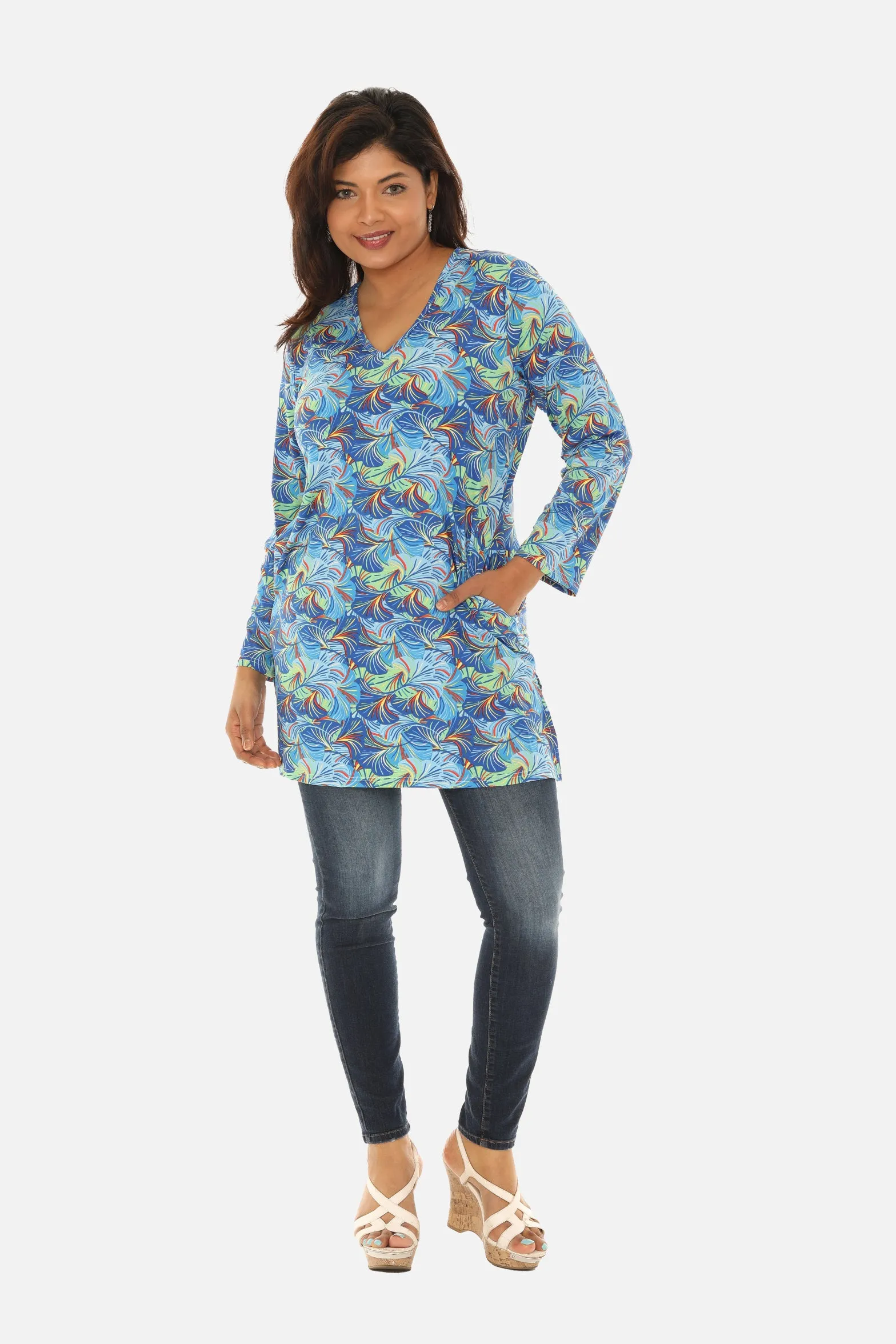 UPF 50  Printed Women Long Tunic with Both Side Pockets