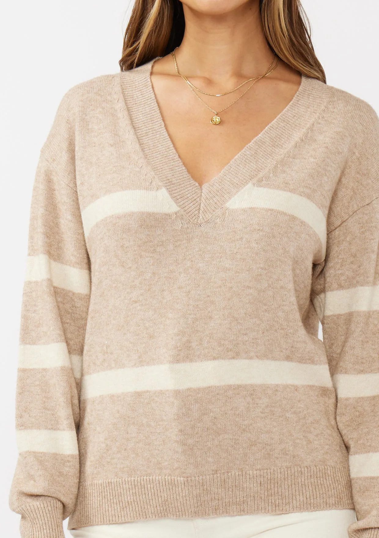 V-Neck Drop Shoulder Stripe Sweater