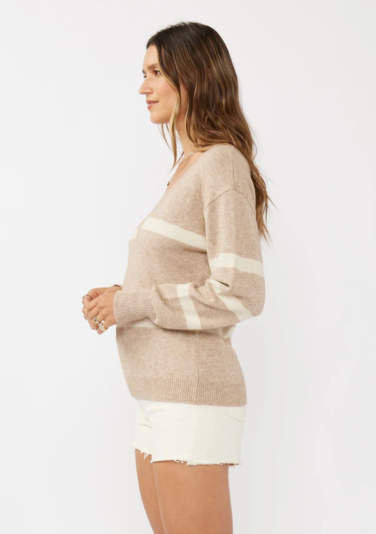 V-Neck Drop Shoulder Stripe Sweater