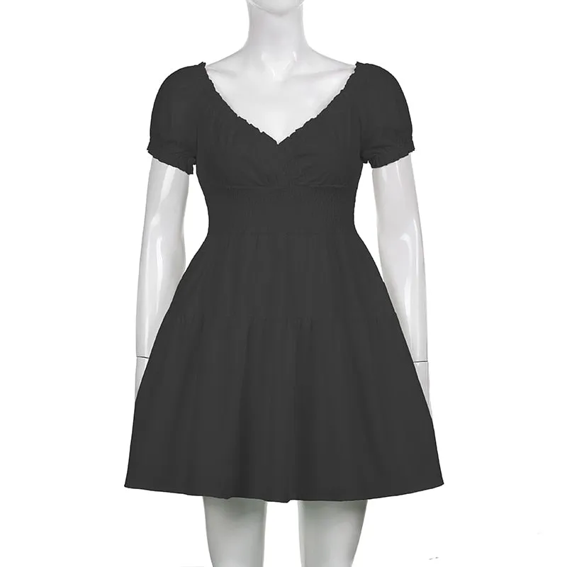 V Neck Fashion Ruched Short Sleeve Summer Causal Dresses A-Line Frills Sundress Mini Dress