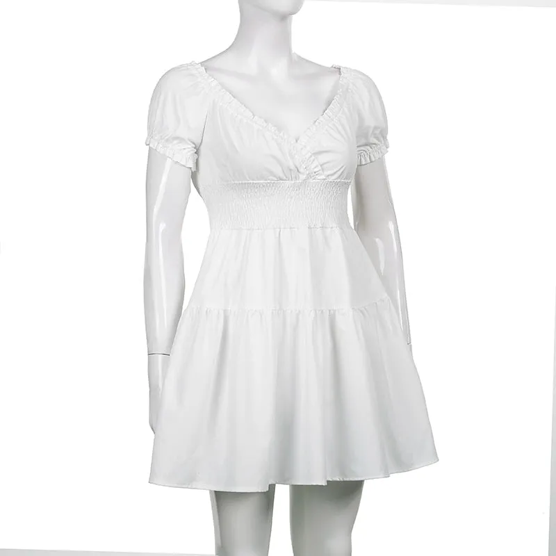 V Neck Fashion Ruched Short Sleeve Summer Causal Dresses A-Line Frills Sundress Mini Dress