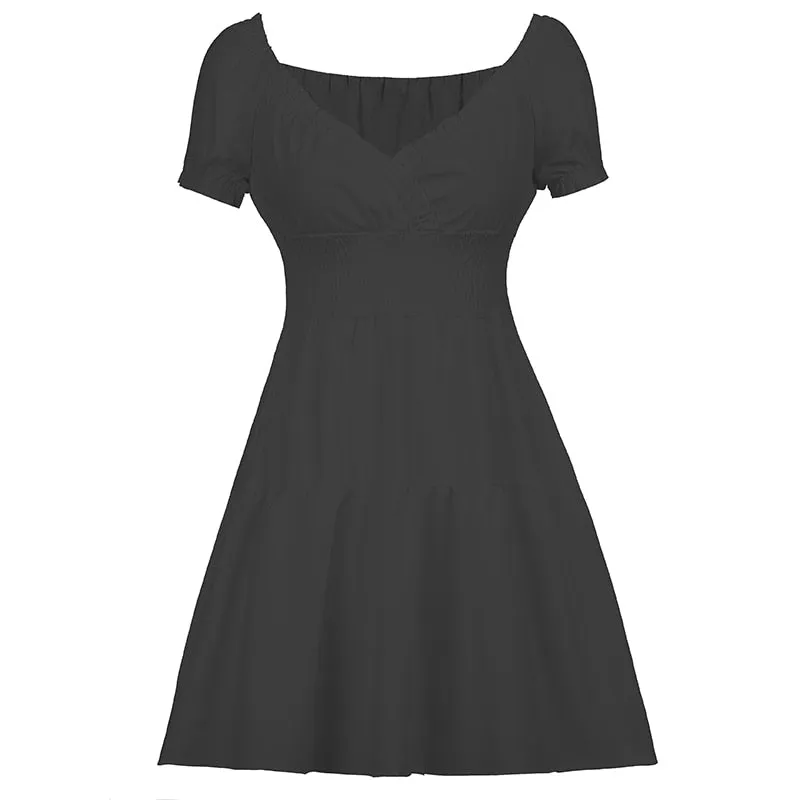 V Neck Fashion Ruched Short Sleeve Summer Causal Dresses A-Line Frills Sundress Mini Dress