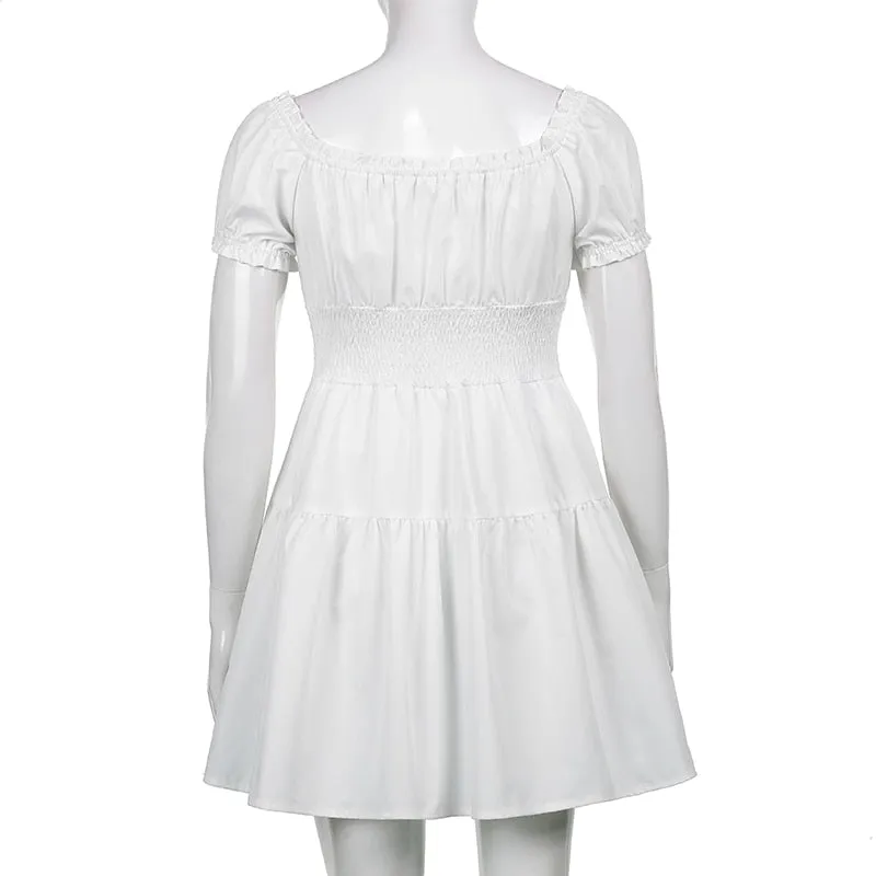 V Neck Fashion Ruched Short Sleeve Summer Causal Dresses A-Line Frills Sundress Mini Dress
