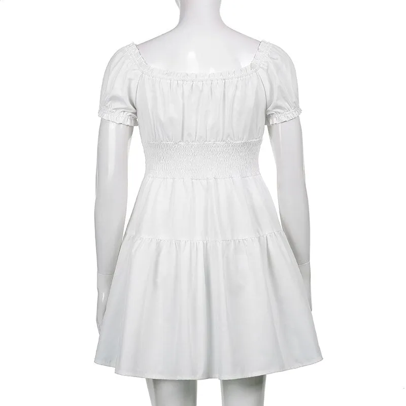 V Neck Fashion Ruched Short Sleeve Summer Causal Dresses A-Line Frills Sundress Mini Dress