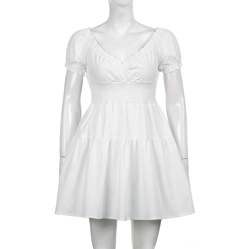 V Neck Fashion Ruched Short Sleeve Summer Causal Dresses A-Line Frills Sundress Mini Dress