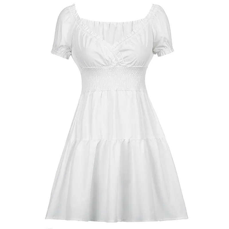 V Neck Fashion Ruched Short Sleeve Summer Causal Dresses A-Line Frills Sundress Mini Dress