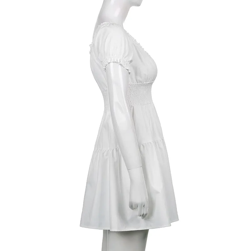 V Neck Fashion Ruched Short Sleeve Summer Causal Dresses A-Line Frills Sundress Mini Dress