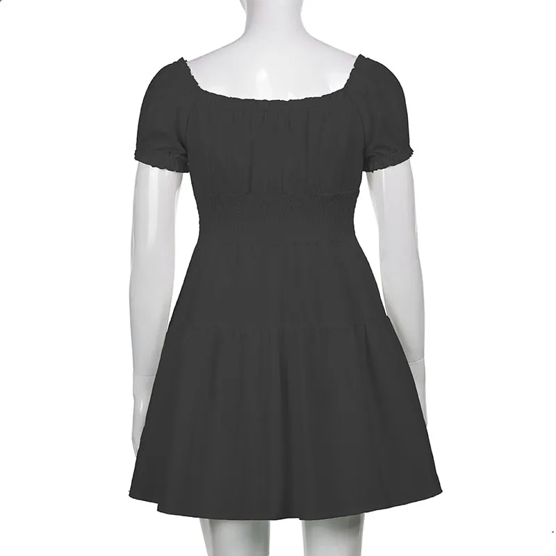 V Neck Fashion Ruched Short Sleeve Summer Causal Dresses A-Line Frills Sundress Mini Dress