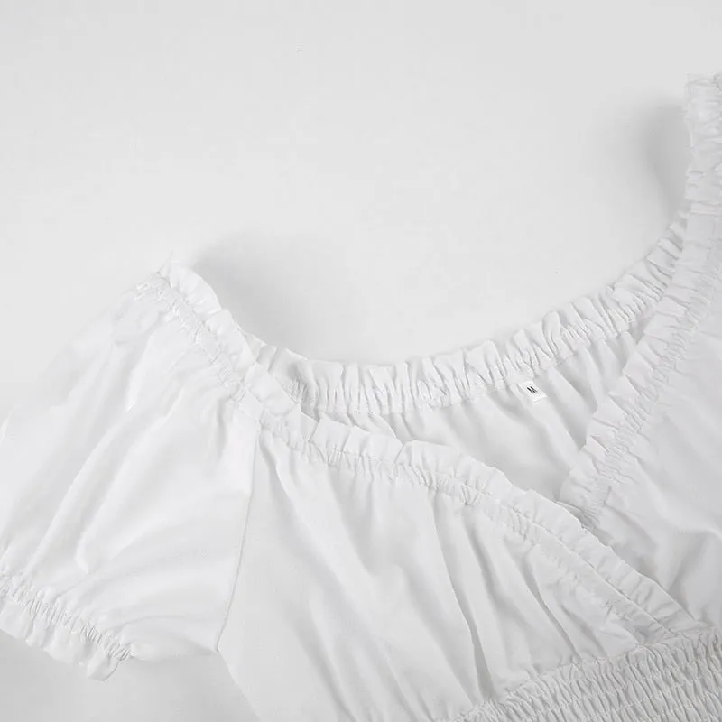 V Neck Fashion Ruched Short Sleeve Summer Causal Dresses A-Line Frills Sundress Mini Dress