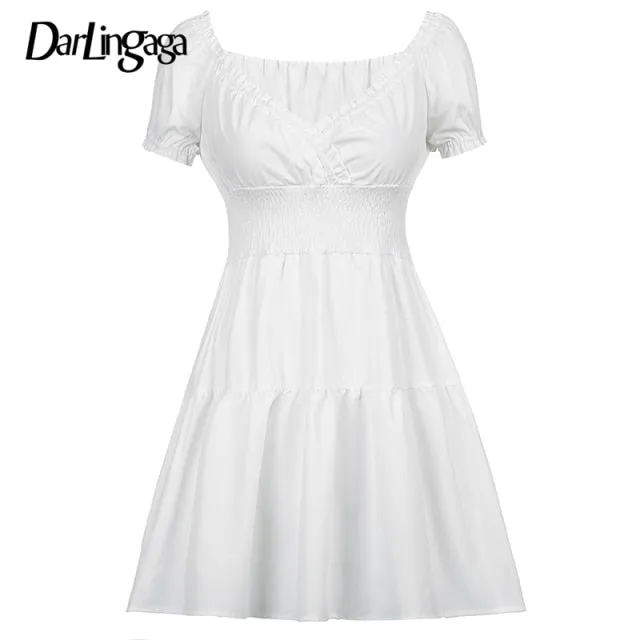 V Neck Fashion Ruched Short Sleeve Summer Causal Dresses A-Line Frills Sundress Mini Dress