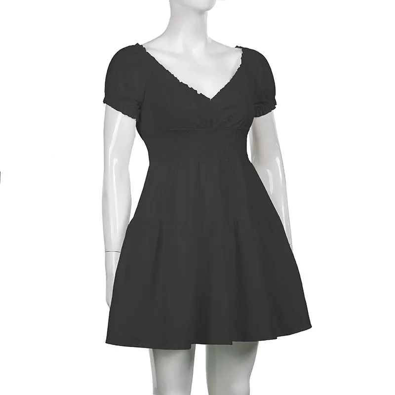V Neck Fashion Ruched Short Sleeve Summer Causal Dresses A-Line Frills Sundress Mini Dress