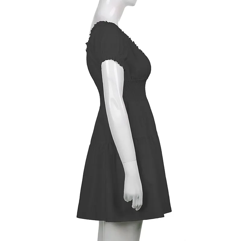 V Neck Fashion Ruched Short Sleeve Summer Causal Dresses A-Line Frills Sundress Mini Dress