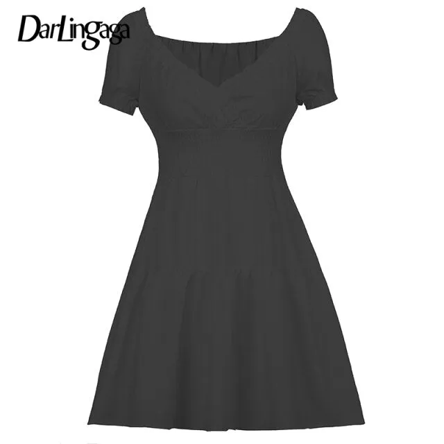 V Neck Fashion Ruched Short Sleeve Summer Causal Dresses A-Line Frills Sundress Mini Dress