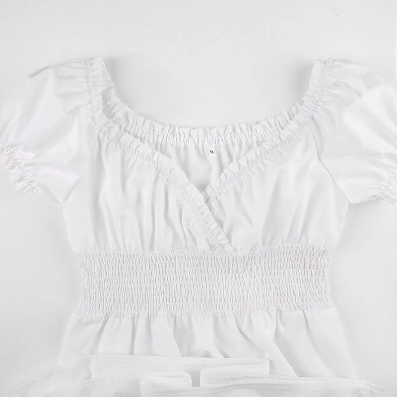 V Neck Fashion Ruched Short Sleeve Summer Causal Dresses A-Line Frills Sundress Mini Dress