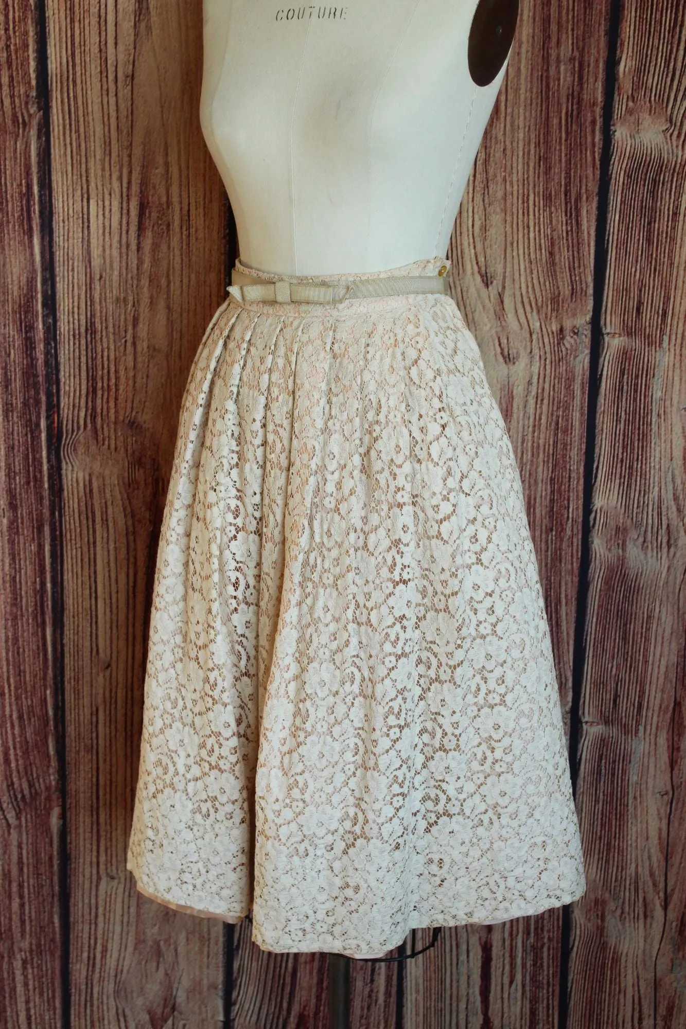 Vintage 1950s 1960s Charm of Hollywood Pink and Ivory Lace Skirt with Belt